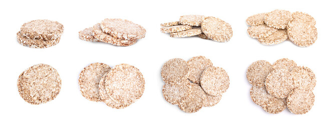 Set with tasty crunchy puffed cakes on white background. Banner design