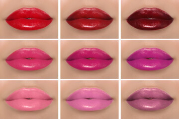 Obraz premium Collage with photos of woman with different beautiful lipsticks, closeup