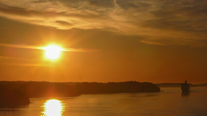 View from outdoor deck of cruiseship cruise ship liner sailing through Stockholm archipelago...