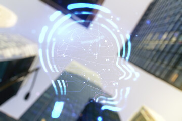 Abstract virtual artificial Intelligence concept with human head sketch on modern architecture background. Double exposure