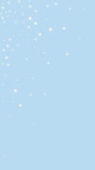 Beautiful snowfall christmas background. Subtle flying snow flakes and stars on light blue winter backdrop. Beautiful snowfall overlay template. Vertical vector illustration.