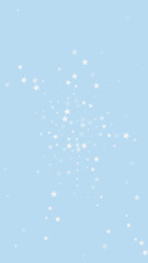 Magic falling snow christmas background. Subtle flying snow flakes and stars on light blue winter backdrop. Magic falling snow holiday scenery.   Vertical vector illustration.