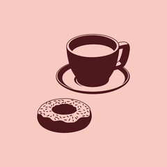 Color illustration. Cup with saucer, donut on the background. Vector graphics. Design element for banner, poster, sticker, label, emblem, print, badge. Illustration on the theme of food.