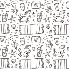 Cute seamless pattern with summer doodles - beach towel, sunscreen, photo camera, crabs, coral and seashells. Vector hand-drawn illustration. Perfect for print, wrapping paper, wallpaper, decor.
