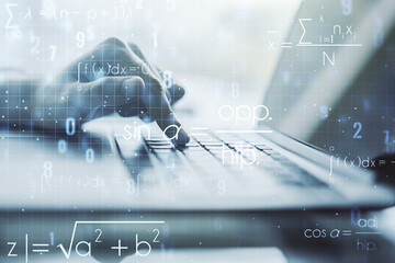 Double exposure of creative scientific formula concept with hands typing on laptop on background,...