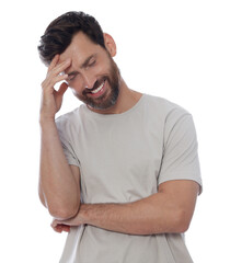 Embarrassed man covering face with hand on white background - obrazy, fototapety, plakaty