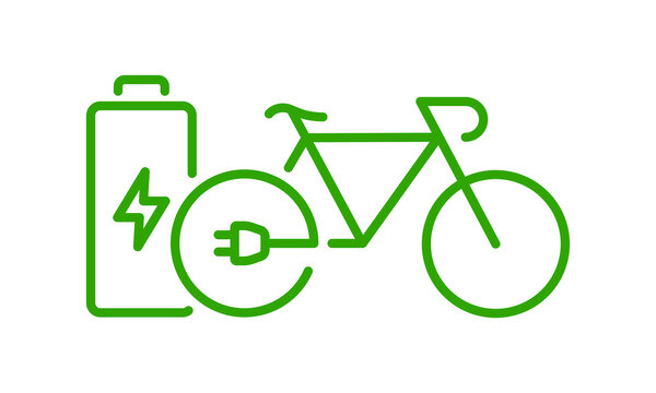 Bike with Eco Reuse Accumulator Line Icon. Electric Bicycle and Renewable Charge Battery, Plug and Lightning Sign. Green Energy Transport Outline Symbol. Editable Stroke. Isolated Vector Illustration