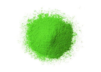 Pile of green powder isolated on white background, top view, flat lay.