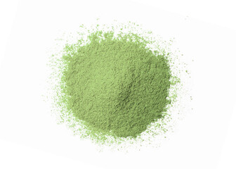 Pile of green matcha tea powder isolated on white background. Top view, flat lay.