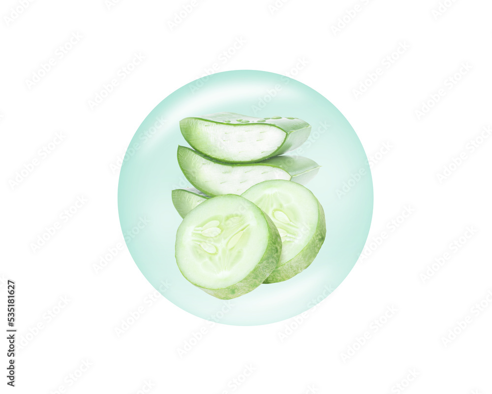 Canvas Prints Aloe vera plant and cucumber slices in bubble drop isolated on white background. Collagen serum, skin care, beauty and spa product concept.