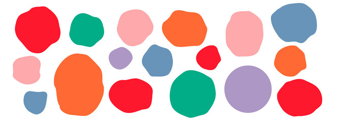 Fototapeta premium Irregular asymmetric organic stone shape collage. Simple pebble isolated vector elements. Colorful blot banner vector illustration. Fantasy magic speck, bright splotch, isolated flat fleck
