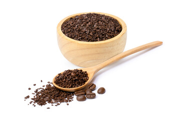 Instant granules coffee with roasted coffe bean in wooden bowl and spoon isolated on white background. 