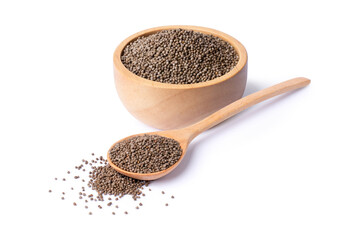 Perilla flutescens seeds in wooden bowl and spoon isolated on white background.