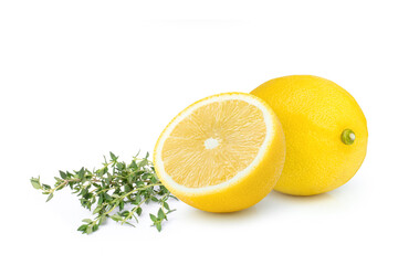 Fototapeta na wymiar Fresh thyme sprig herbs with lemon fruit isolated on white background.