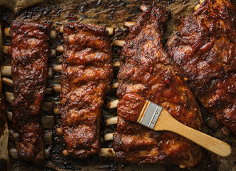 American style pork ribs marinated in barbecue sauce and glazed with honey and bbq souce. - 535182266