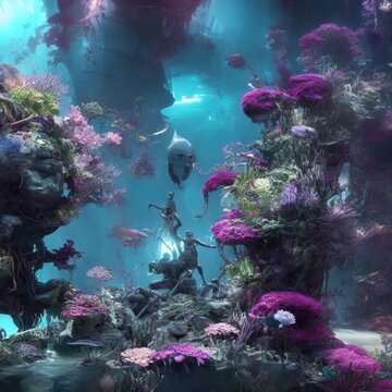 Underwater scene. Beautiful coral reefs in a tropical ocean. Soft light pouring from above. Fantasy 3D illustration. 3D render.