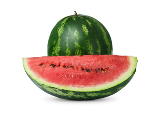 Whole and cut delicious ripe watermelon isolated on white