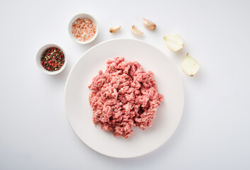 Obraz na płótnie Canvas Raw minced meat on the white plate. Fresh pork minced meat on white background. Raw minced pork