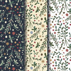 Christmas seamless pattern set with leaves and stars on a white background