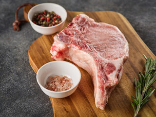 Raw fresh pork chop. Raw pork cutlet. Organic pork loin chops.