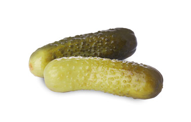 Tasty crunchy pickled cucumbers isolated on white