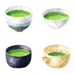 Green tea in modern ceramic bowls. Watercolor illustration of herbal asian tisane. Set for menu, logo, recipe, label, packaging design. Traditional japanese drinks.
