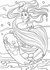 Coloring page with pretty mermaid. Line art design for adults or children coloring in doodle style.