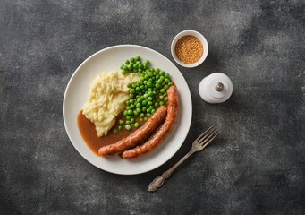Grilled Beef bratwurst with mash potato and green pea. German sausages. Rinderbratwurst. BBQ beef sausages