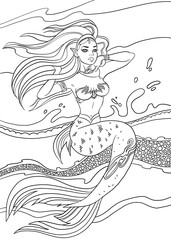 Coloring page with pretty mermaid. Line art design for adults or children coloring in doodle style.