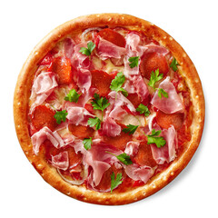 Meat pizza with mozzarella, salami, smoked chicken, ham and prosciutto on white background