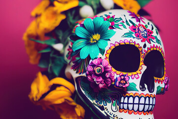 Fototapeta premium Calavera, Mexican sugar skull makeup and flowers for dia de los Muertos (Day of the Dead). 3 d render.