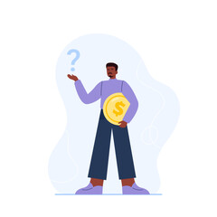 Personal finance management concept. Savings and investment problems. A man does not know where to spend or invest the earned money. Vector flat illustration isolated on the white background.