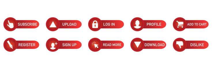 vector icons for subscribe, upload, log in, profile, add to cart, register, sign up, read more, dislike, download