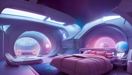 Fototapeta futuristic bedroom, luxurious room with round shapes and soft light obraz