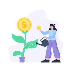 Obraz premium Personal finance management concept. Business and investment incomes. A woman water a money tree that gives profit. Vector flat illustration isolated on the white background.