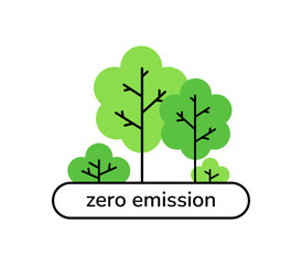 Obraz premium Zero emissions banner label sign isolated on white. Line art trees forest ecology environment, co2 emission reduction concept, stop global warming, air pollution, climate changes Zero carbon footprint