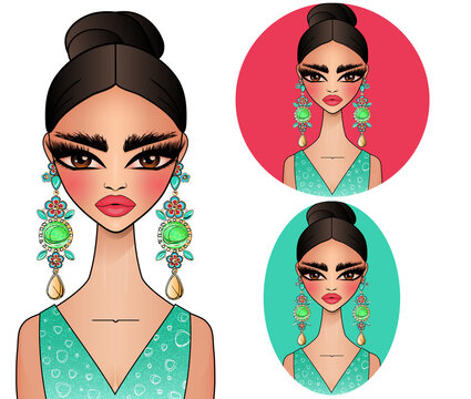 Cute colorful exotic summer girl with large earrings. Girl avatar illustration clipart isolated on transparent background. 