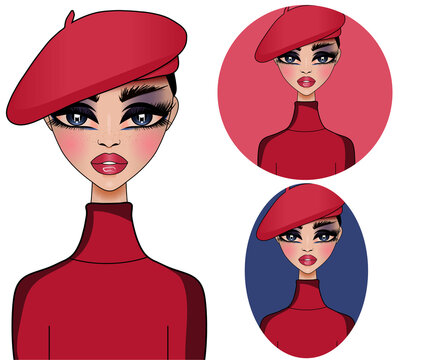 Paris girl in pink beret and top. Girl avatar illustration clipart isolated on transparent background. 