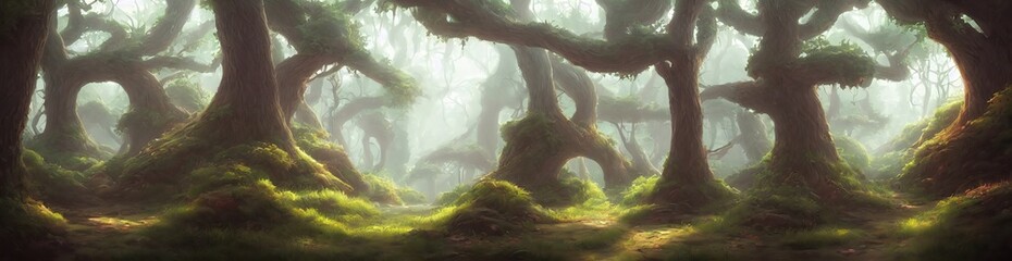 Fototapeta na wymiar Amazing forest, panorama of trees on a sunny summer day. Centuries-old thick tree trunks. Morning fog. 3d illustration