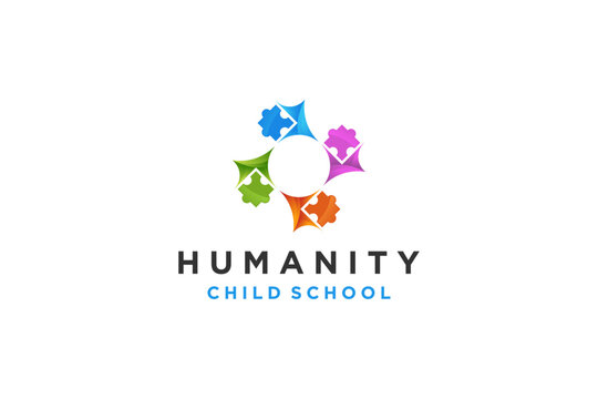 Puzzle child team work logo design playful colorful icon symbol 