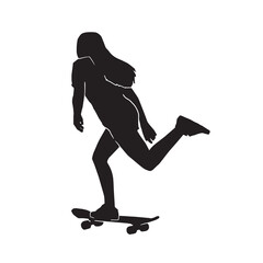 Fototapeta na wymiar Black silhouette of skateboarder. Skateboard girl. Skateboarding trick ollie. Jump on skateboard. Vector illustration. Silhouette of a cute girl with long hair, with skateboard. 