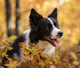 Head Portrait of Black and White Border Collie Dog in Yellow Autumnal Nature. Cute Sheepdog in Autumn Colorful Forest.