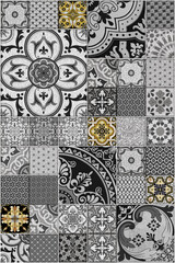 Vintage black and white tiled wall and floor stone pattern with unique mixed design pattern.