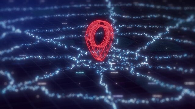 futuristic gps navigation app interface, city map with location pin (3d render)