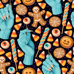 Sweets candies and witch hands vector pattern