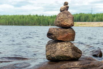 Pyramid of stones, stone seids. Nature of Karelia