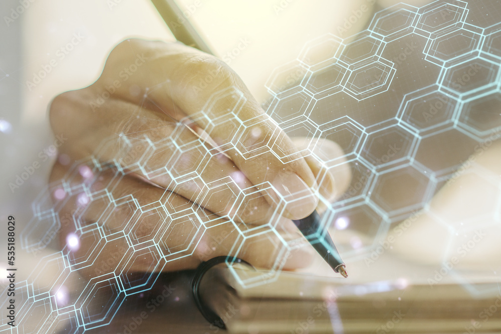 Poster creative concept of wireless technology with hexagon hologram and woman hand writing in notebook on 