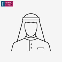 Arab man icon in traditional islamic clothes. Vector illustration. Editable stroke.