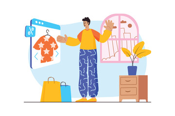 Shopping concept with people scene in the flat cartoon style. Guy orders clothes with discounts in an online store. Vector illustration.