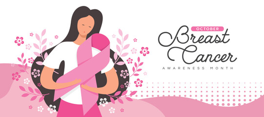 Breast cancer awareness month - woman hold hug big pink ribbon awareness sign with flowers and leaf around vector design